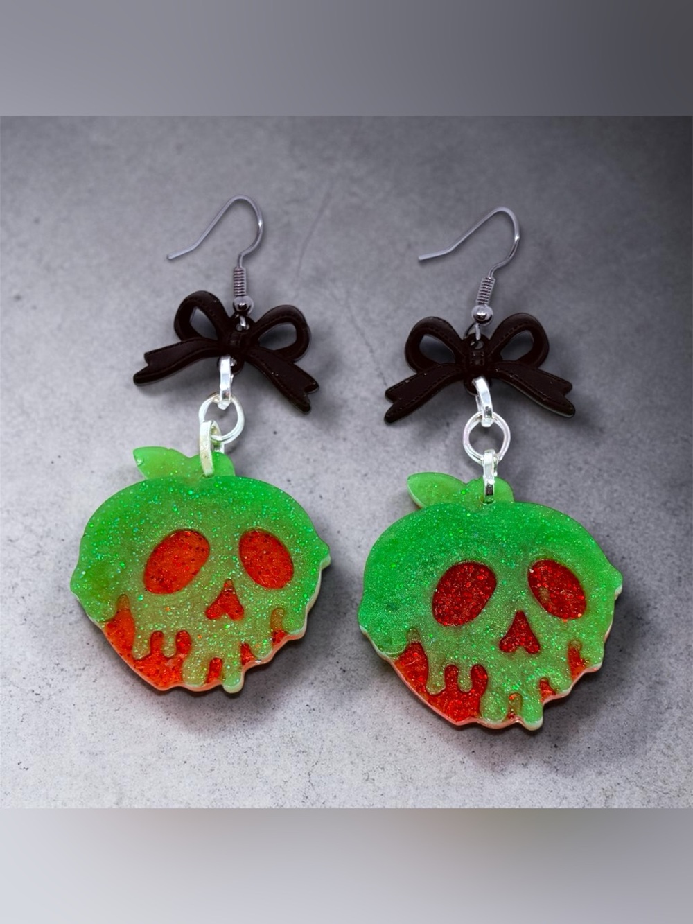 Poison Apple  Green & Red Glitter Skull Apple Dangle Earrings with Black Bow